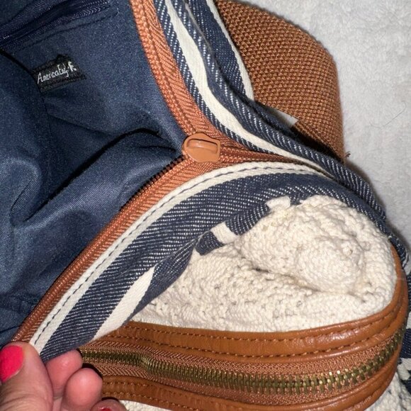 American Eagle Striped Backpack Navy White Brown Lace - Picture 5 of 10